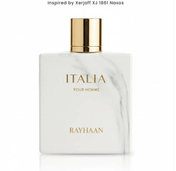 Perfume bottle labeled 'Italia pour homme' by Rayhaan on a white background