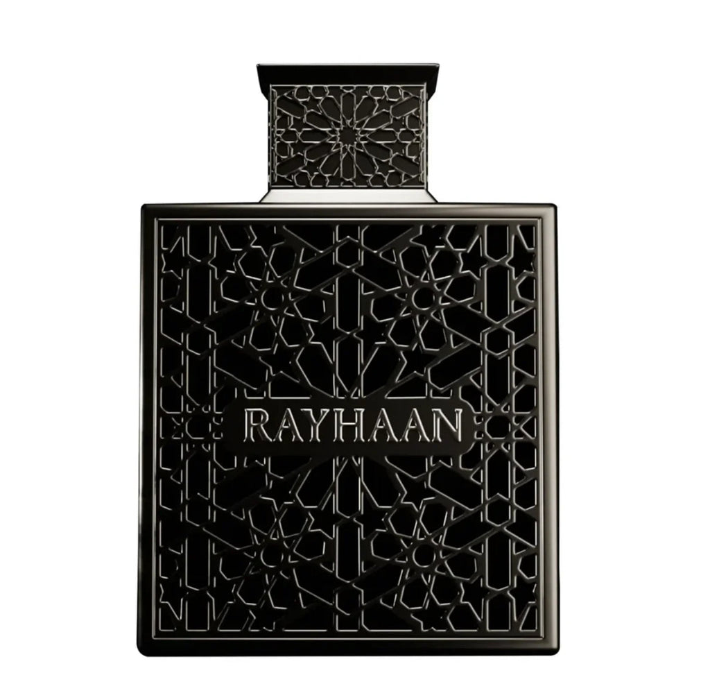 Black perfume bottle with intricate design and 'RAYHAAN' branding on a white background