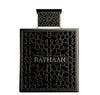Black perfume bottle with intricate design and 'RAYHAAN' branding on a white background