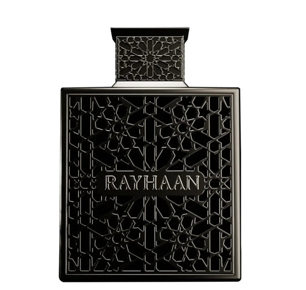 Black perfume bottle with intricate design and 'RAYHAAN' branding on a white background