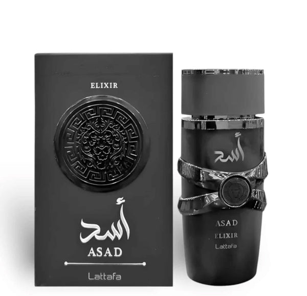 Black ASAD Elixir perfume bottle and packaging on a white background