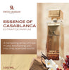 Essence of Casablanca EDP 100ml by Swiss Arabian promotional image with perfume bottle, vanilla, berries, and floral notes.