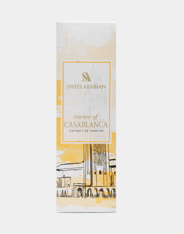Swiss Arabian Essence of Casablanca EDP 100ml packaging box featuring a golden oriental tower illustration and luxury branding.