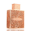 Rose gold perfume bottle with intricate patterns and 'RAYHAAN' branding on a white background