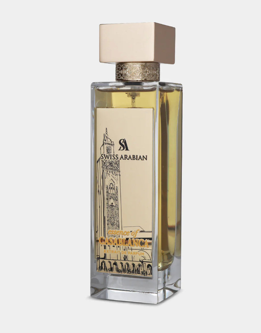 Angled view of Essence of Casablanca EDP 100ml by Swiss Arabian showcasing the gold-detailed bottle and intricate design.