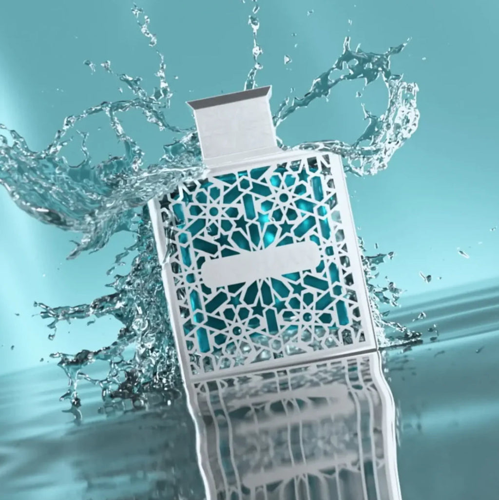Decorative bottle with intricate design against a water splash background
