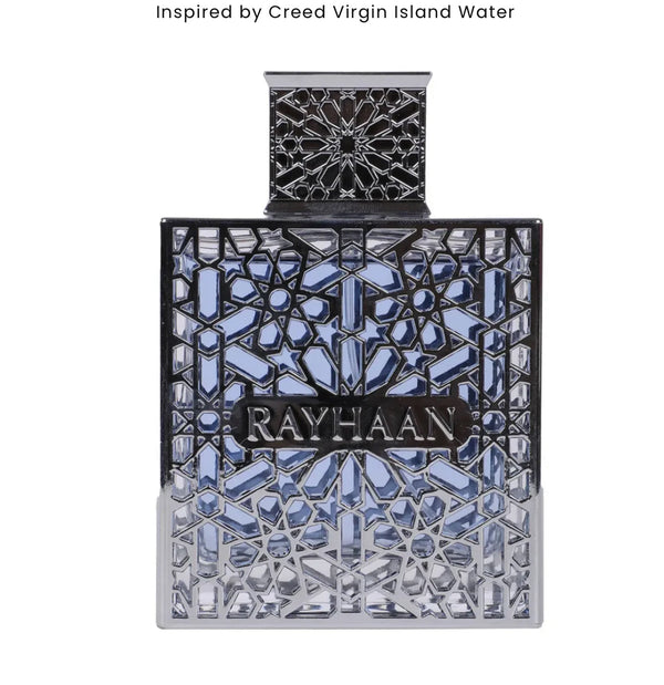 Perfume bottle with intricate design and 'Rayhaan' branding on a white background