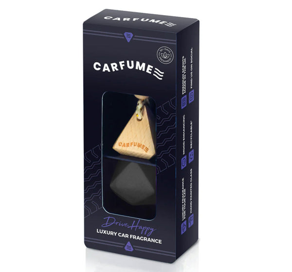Boxed Car Freshener Hanger - Matte Black Premium Edition in luxury retail packaging labeled 'CARFUME' for premium vehicle air freshening.