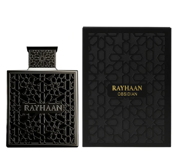 Black perfume bottle and packaging with 'Rayhaan' branding on a white background
