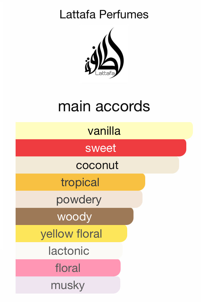 Lattafa perfume logo with main accords including tropical, floral, and vanilla notes
