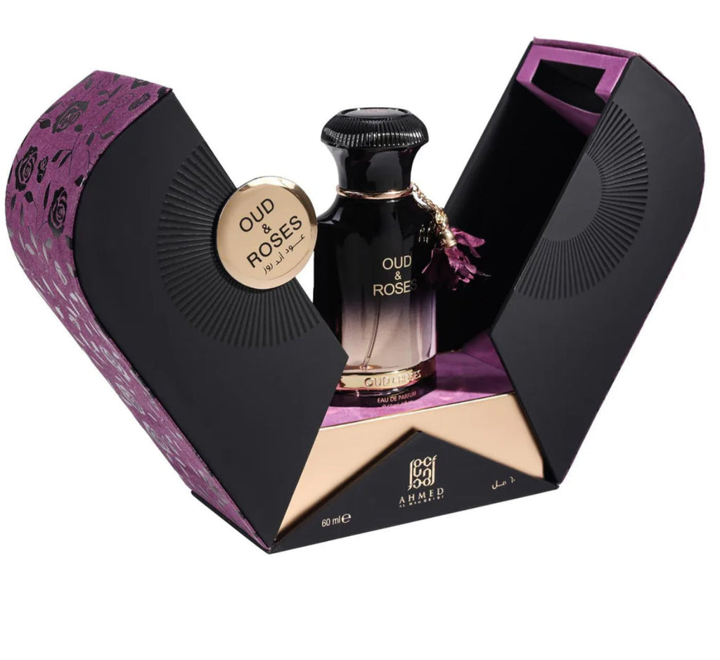 Oud & Roses perfume bottle in a decorative box on a white background