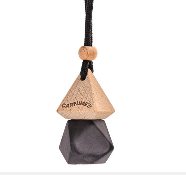 Car Freshener Hanger - Matte Black Premium Edition featuring a geometric wood and matte black design with hanging cord for rearview mirror use.