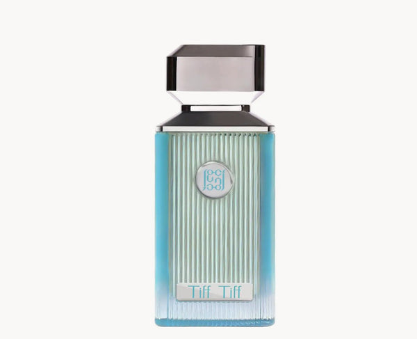 Perfume bottle with a blue and silver design on a white background