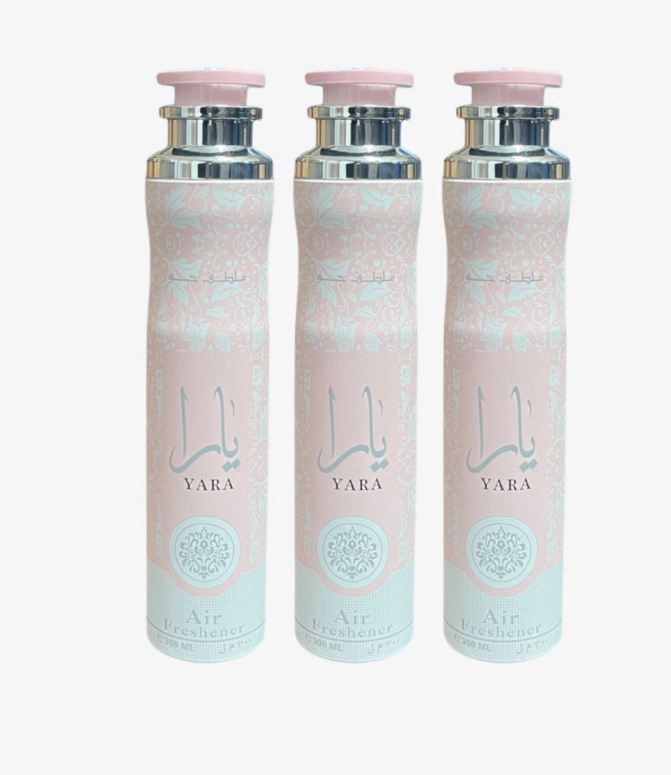 Set of three Lattafa Yara Air Fresheners 320ml each, featuring a stylish pink design for luxurious home and garden scenting.