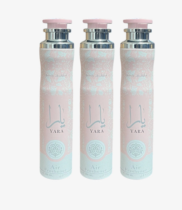 Set of three Lattafa Yara Air Fresheners 320ml each, featuring a stylish pink design for luxurious home and garden scenting.