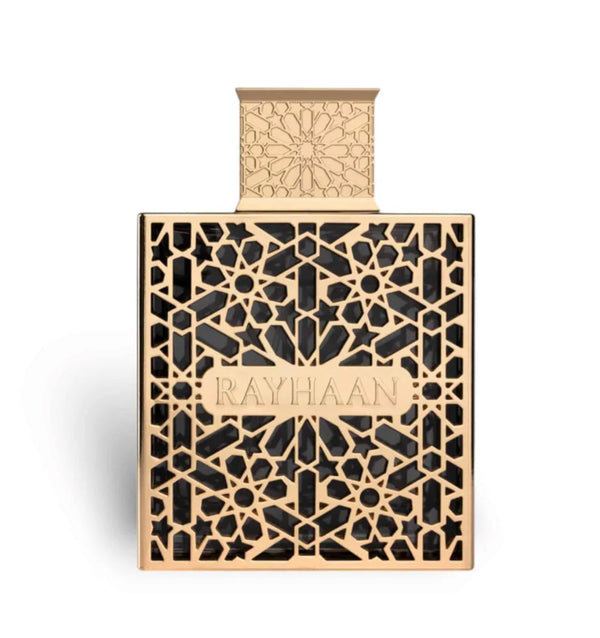 Perfume bottle with intricate design and 'RAYHAAN' branding on a white background