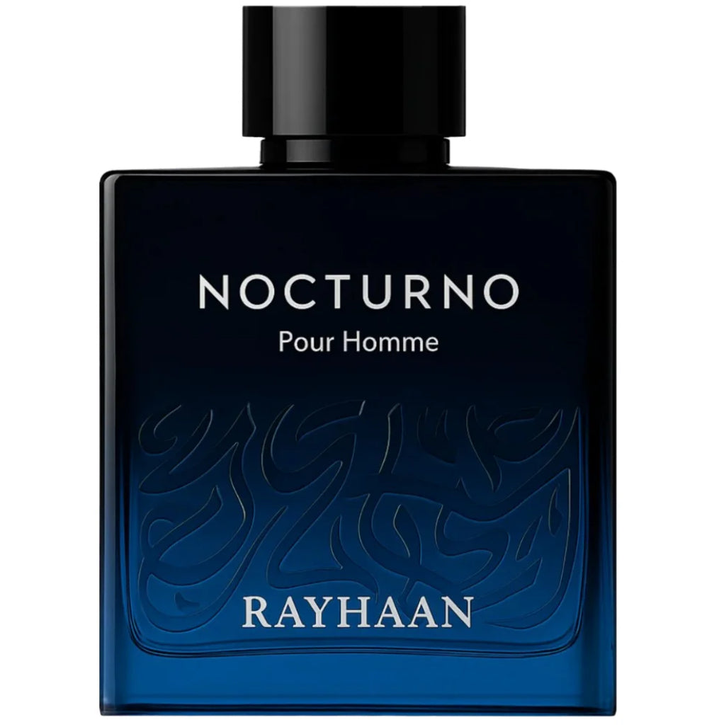 Perfume bottle labeled 'Nocturno Pour Homme' by Rayhaan on a white background