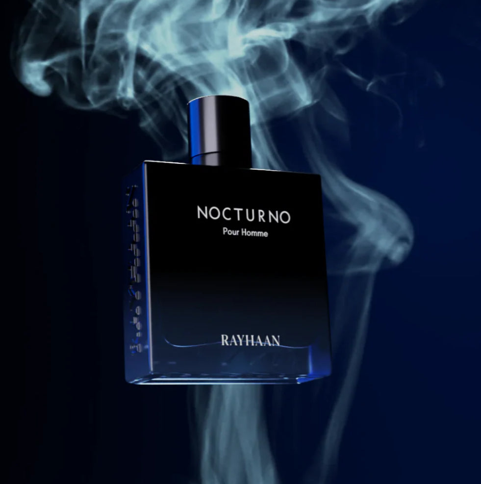 Perfume bottle labeled 'Nocturno Pour Homme' by RAYHAAN with smoke effect on a dark background