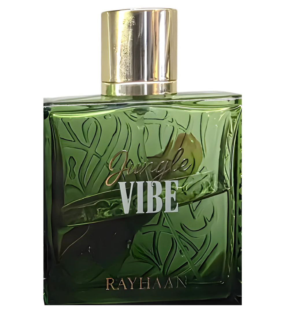 Green perfume bottle labeled 'Jungle Vibe' by Rayhaan on a white background