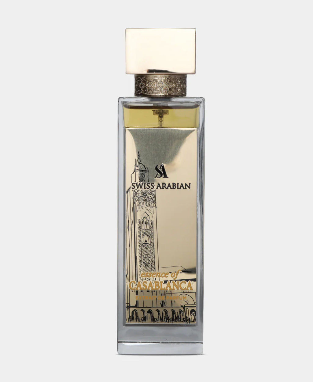 Essence of Casablanca EDP 100ml by Swiss Arabian in a tall, elegant glass bottle with gold accents and oriental architectural design.