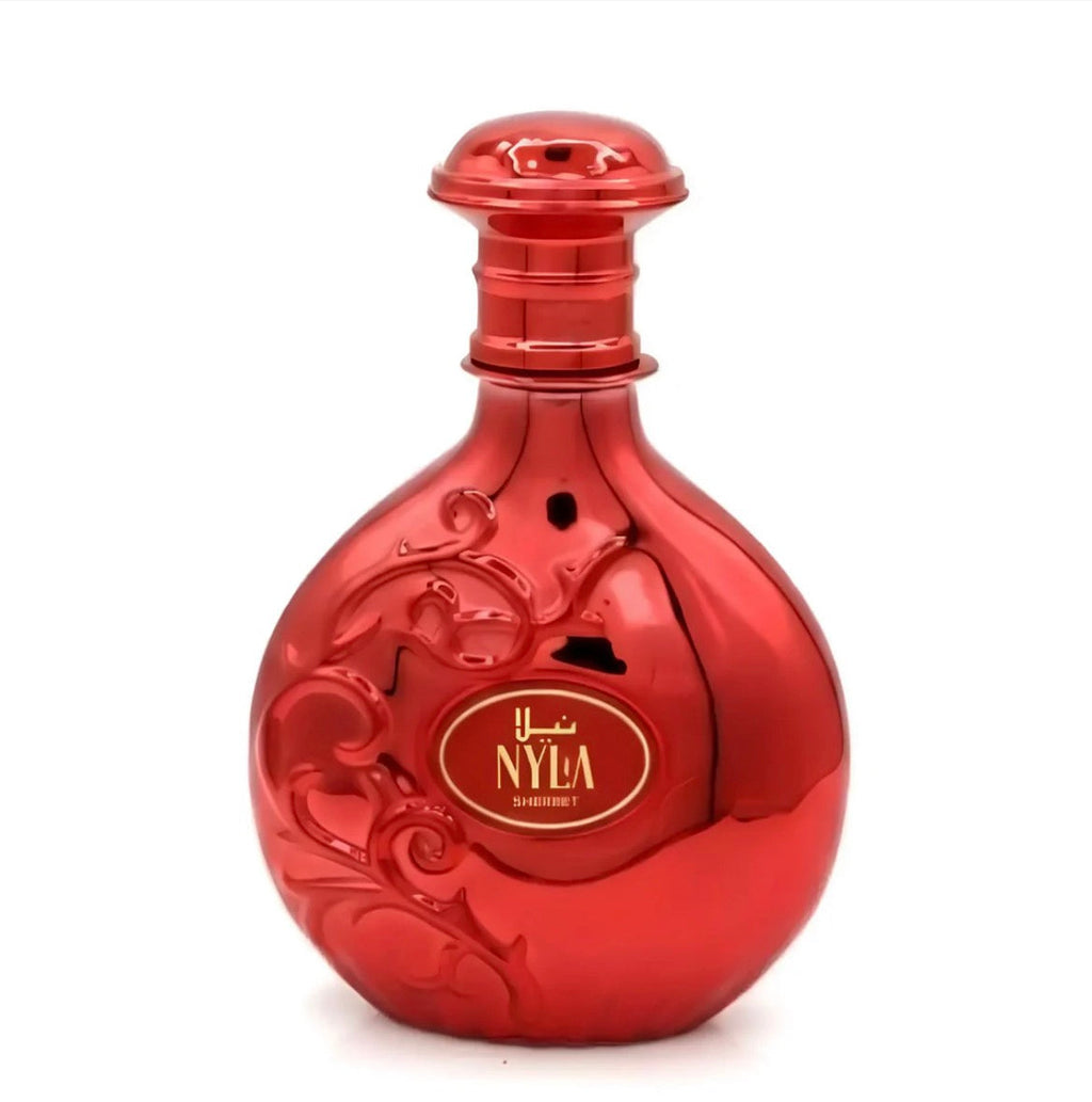 Red decorative bottle with 'NYLA' branding on a white background