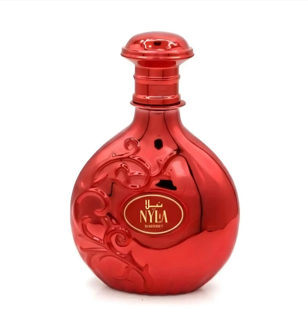 Red decorative bottle with 'NYLA' branding on a white background