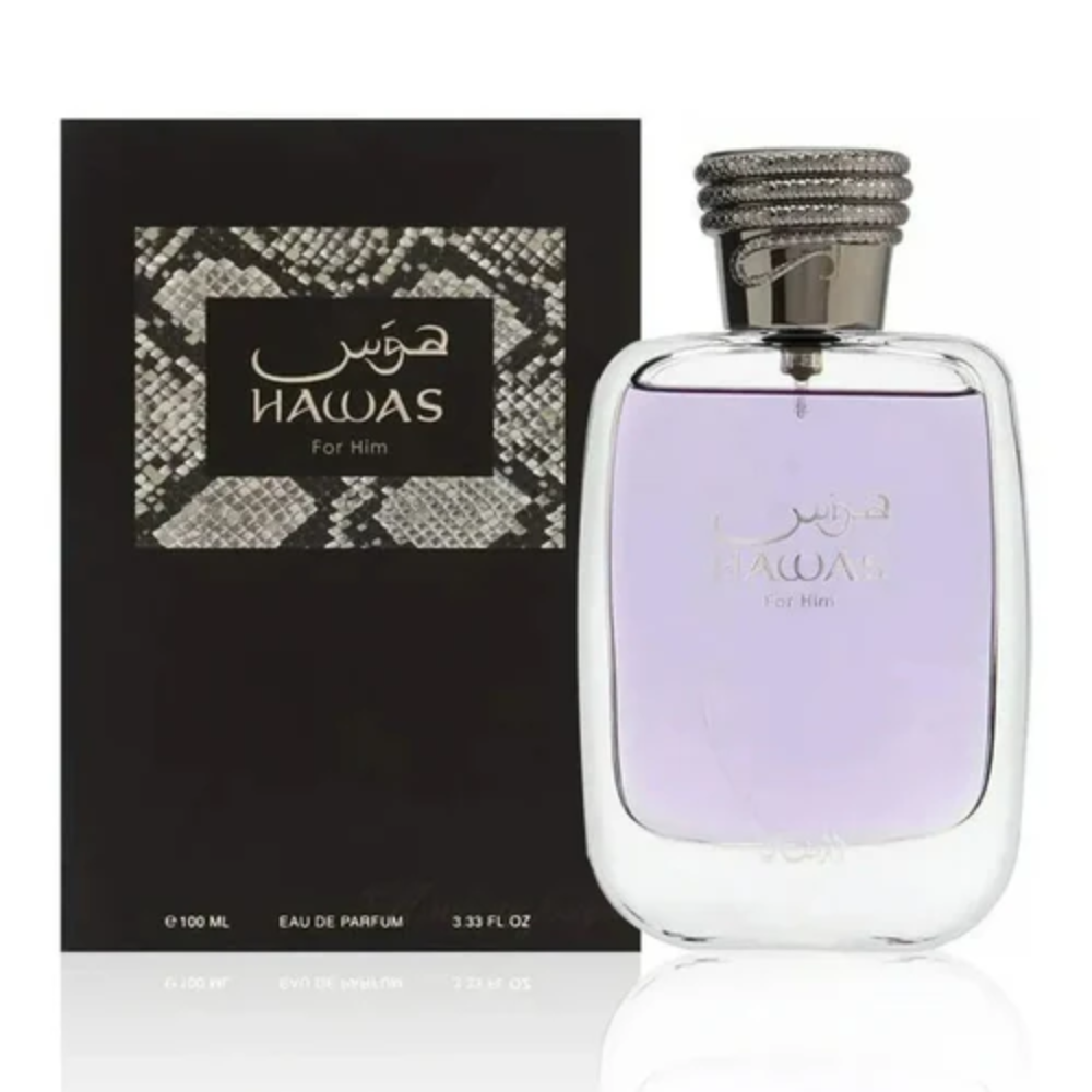 Hawas perfume bottle and packaging on a white background