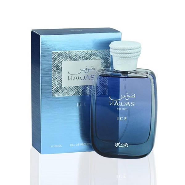 Blue perfume bottle with white cap and matching box on a white background