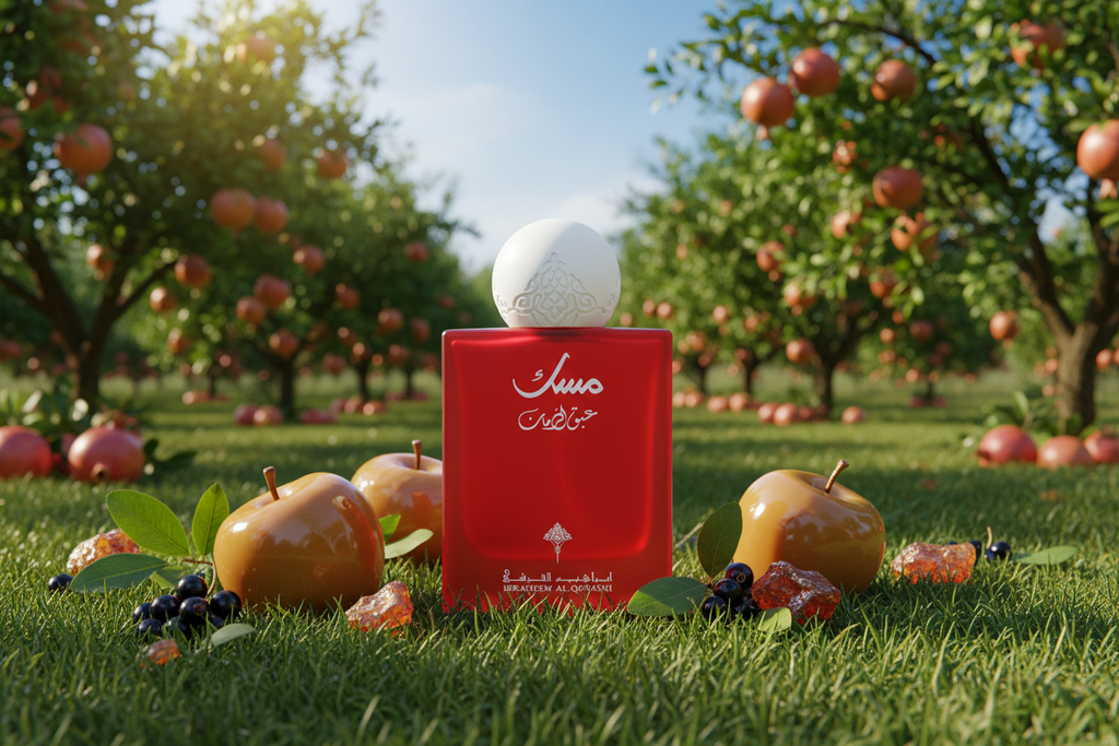 Red perfume bottle with 'Jivko' branding in an apple orchard.