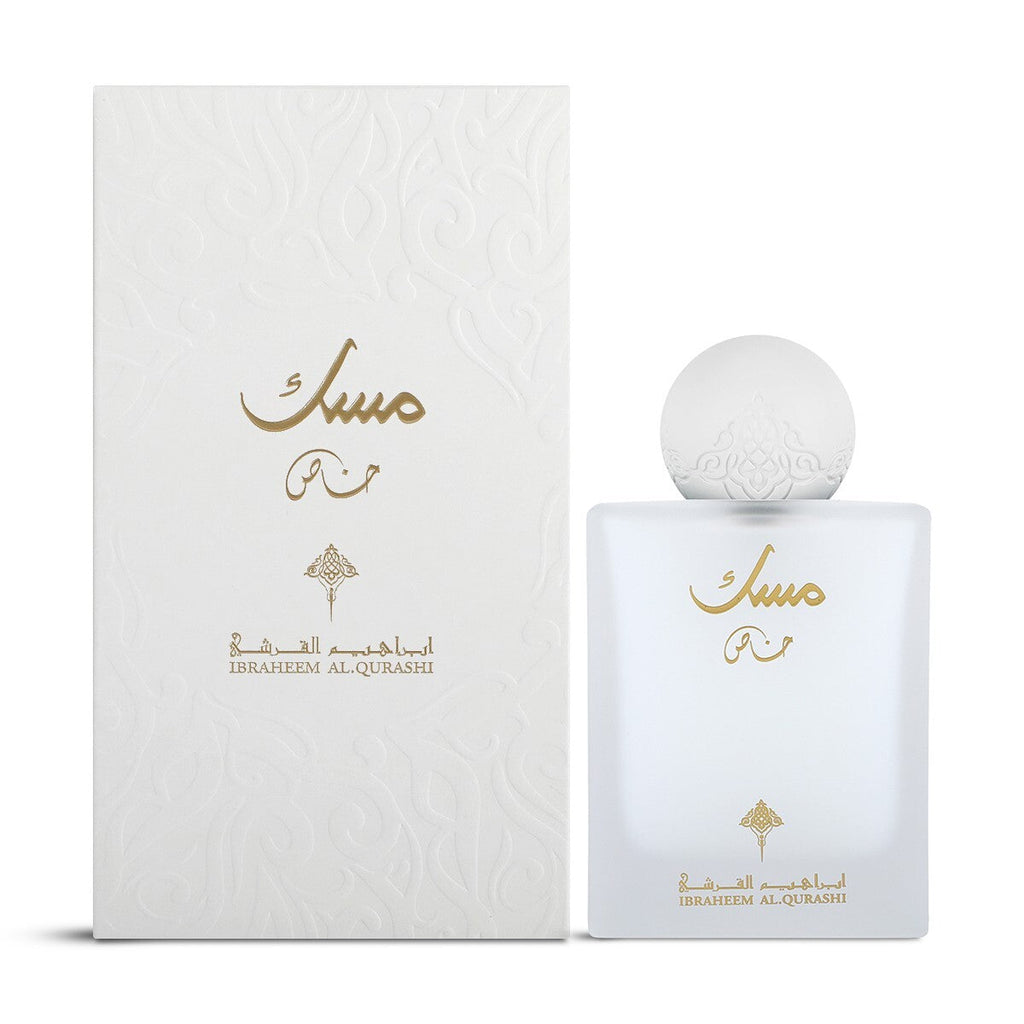 Perfume bottle and packaging with gold text on a white background