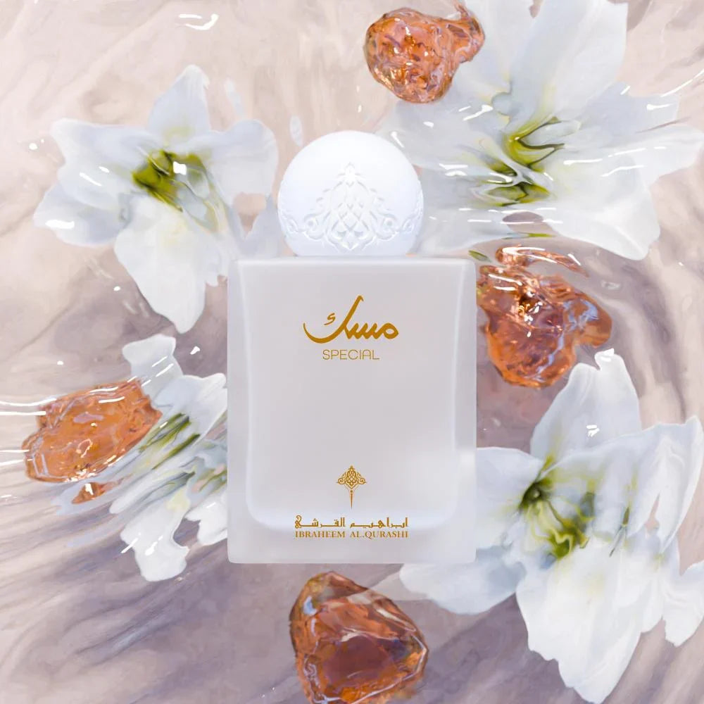 Perfume bottle with decorative elements on a floral background