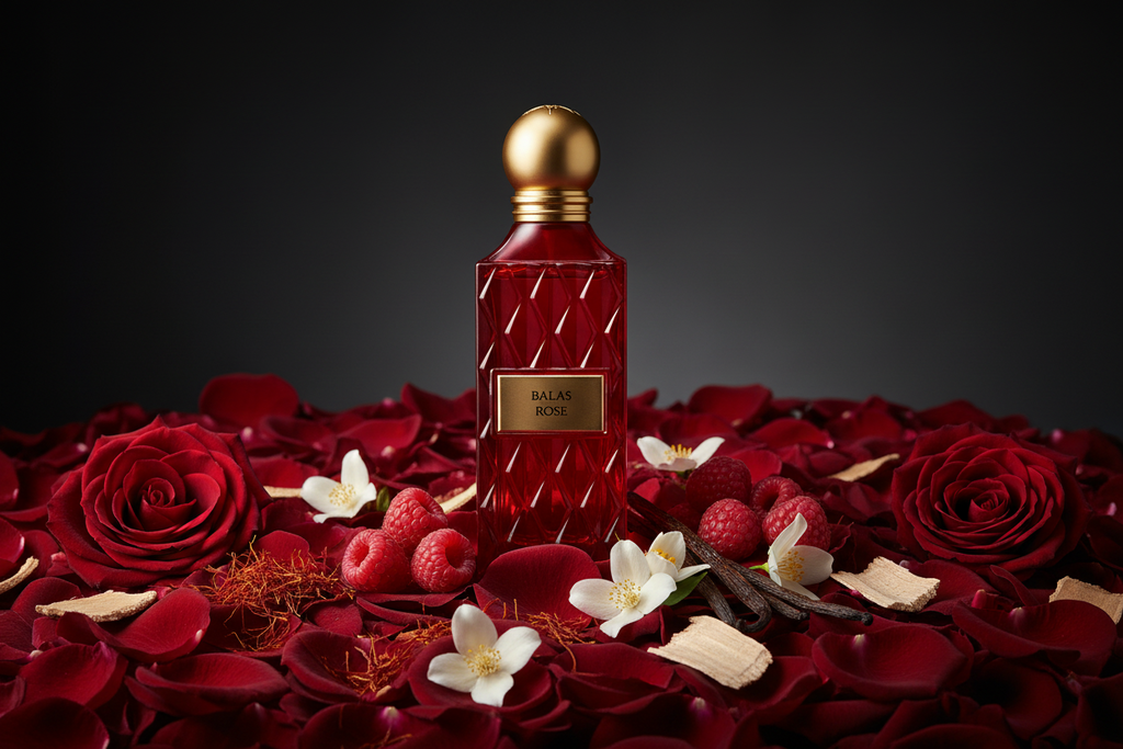 Perfume bottle labeled 'Balmoral' on a bed of red roses with a dark background