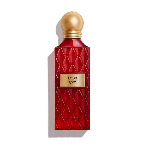 Red perfume bottle with gold cap on a white background