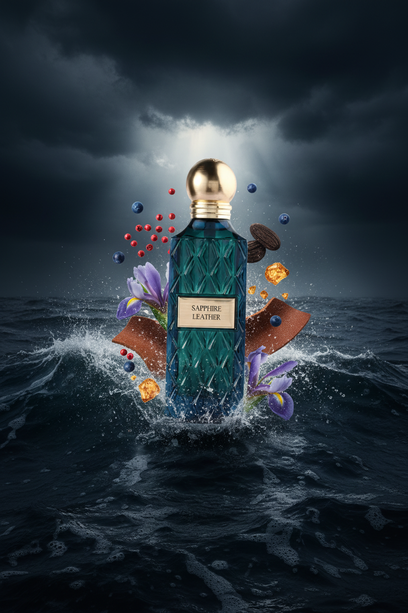 Perfume bottle with 'Napoleon Leather' label emerging from water against a dark sky