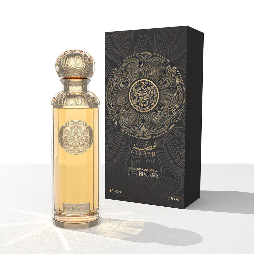 Hudson Valley by GISSAH perfumes 200ml with luxury packaging, featuring ornate gold detailing, perfect for men and women seeking a sweet, strong scent.