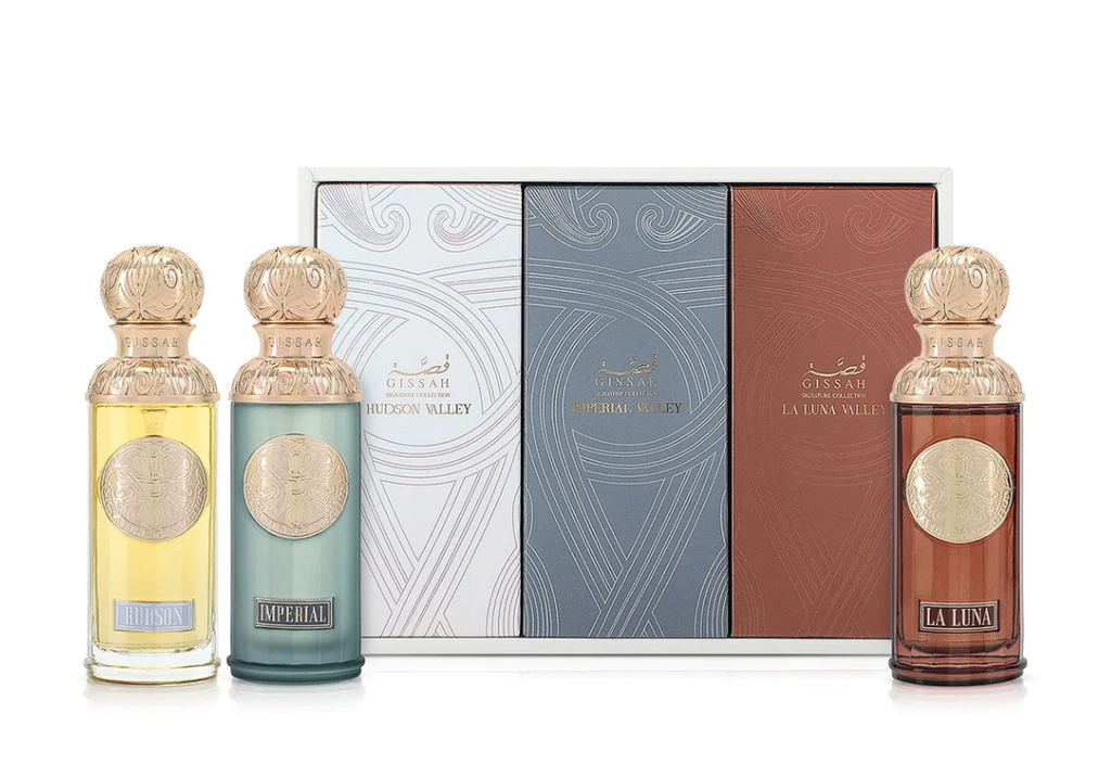 Valley’s Set By Gissah featuring Hudson Valley, Imperial Valley, and La Luna 50ml perfumes in a luxury gift box. Ideal for unisex fragrance lovers.