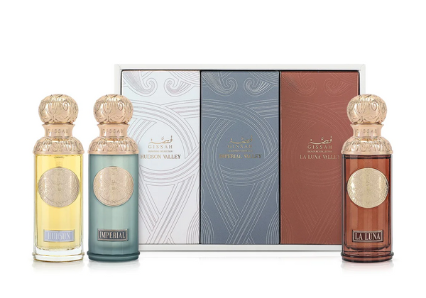 Valley’s Set By Gissah featuring Hudson Valley, Imperial Valley, and La Luna 50ml perfumes in a luxury gift box. Ideal for unisex fragrance lovers.