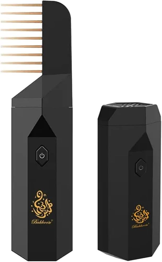 Black Electric Portable Bakhoor Incense Burner comb with Arabic calligraphy, ideal for stylish and efficient home fragrance application.