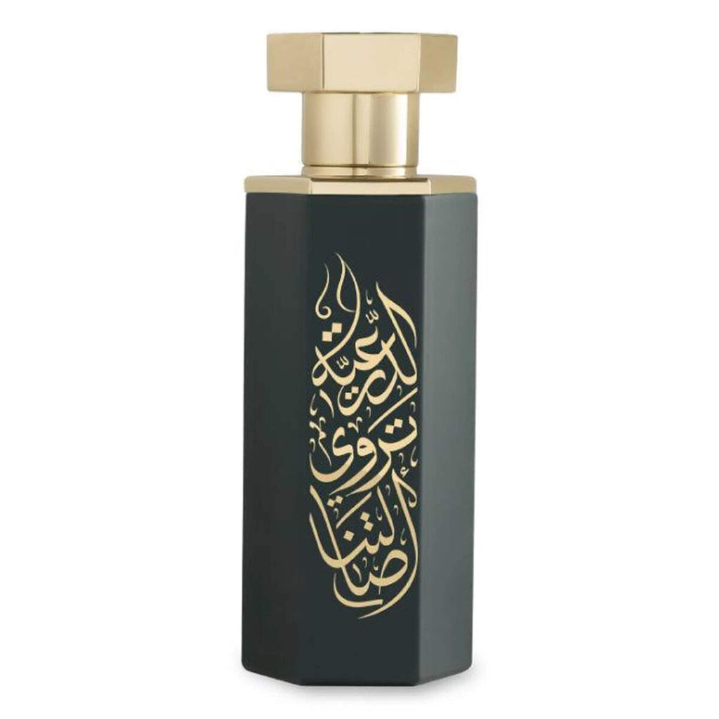 REEF Arabs of Diriyah 100ml EDP perfume bottle with gold Arabic calligraphy on a sleek black hexagonal design, ideal for bold, woody fragrance lovers.