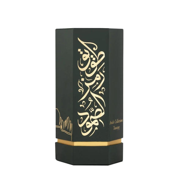 Luxury packaging of REEF Arabs of Tuwayq 100ml EDP featuring elegant gold Arabic script on a black hexagonal box, perfect for fruity and sweet fragrance fans.