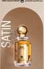 Promotional display of AbdulSamad AlQuraishi Satin Body Oud perfume featuring the bottle against a satin beige background, highlighting its earthy and sweet aroma.