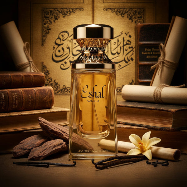 Eshal Vanilla by Paris Corner 100ml Eau de Parfum surrounded by vanilla pods, sandalwood, and books, emphasizing its rich, sweet scent profile.
