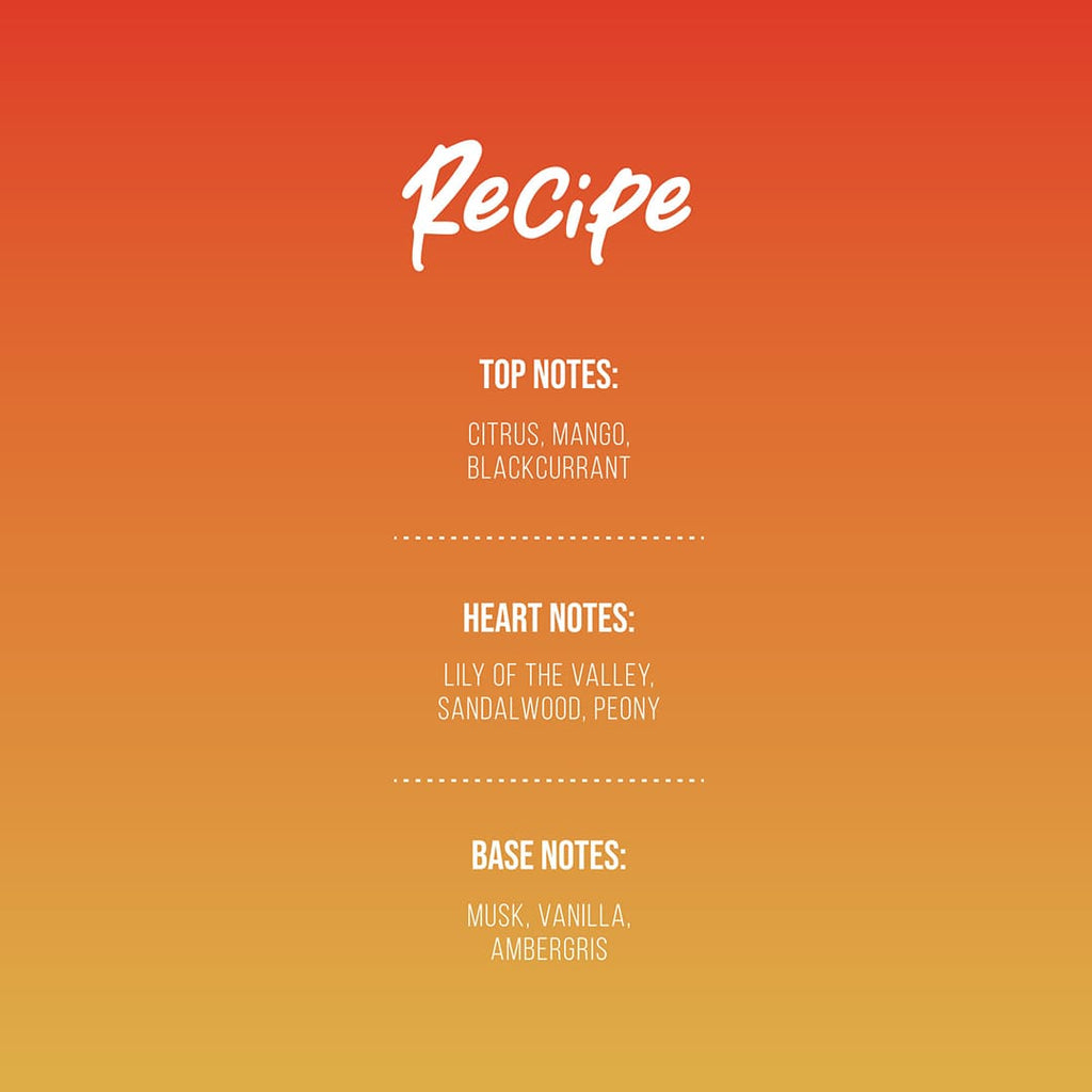 Fragrance note breakdown for Mangotini Gulf Orchid 100ml EDP featuring citrus, mango, blackcurrant top notes, floral heart, and musky vanilla base.