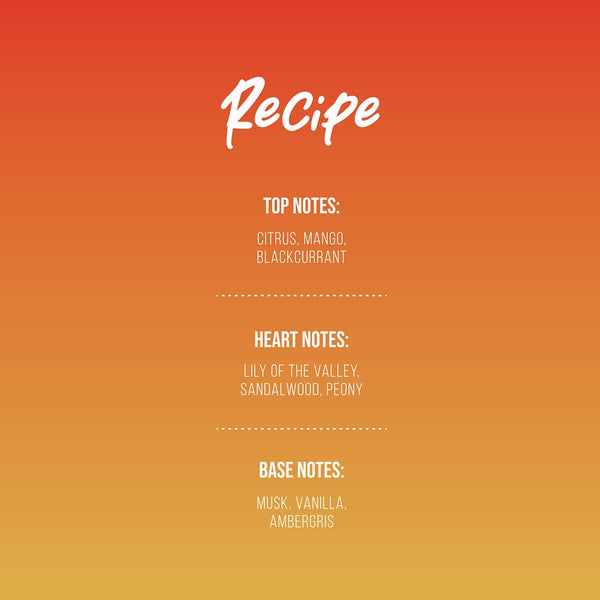 Fragrance note breakdown for Mangotini Gulf Orchid 100ml EDP featuring citrus, mango, blackcurrant top notes, floral heart, and musky vanilla base.