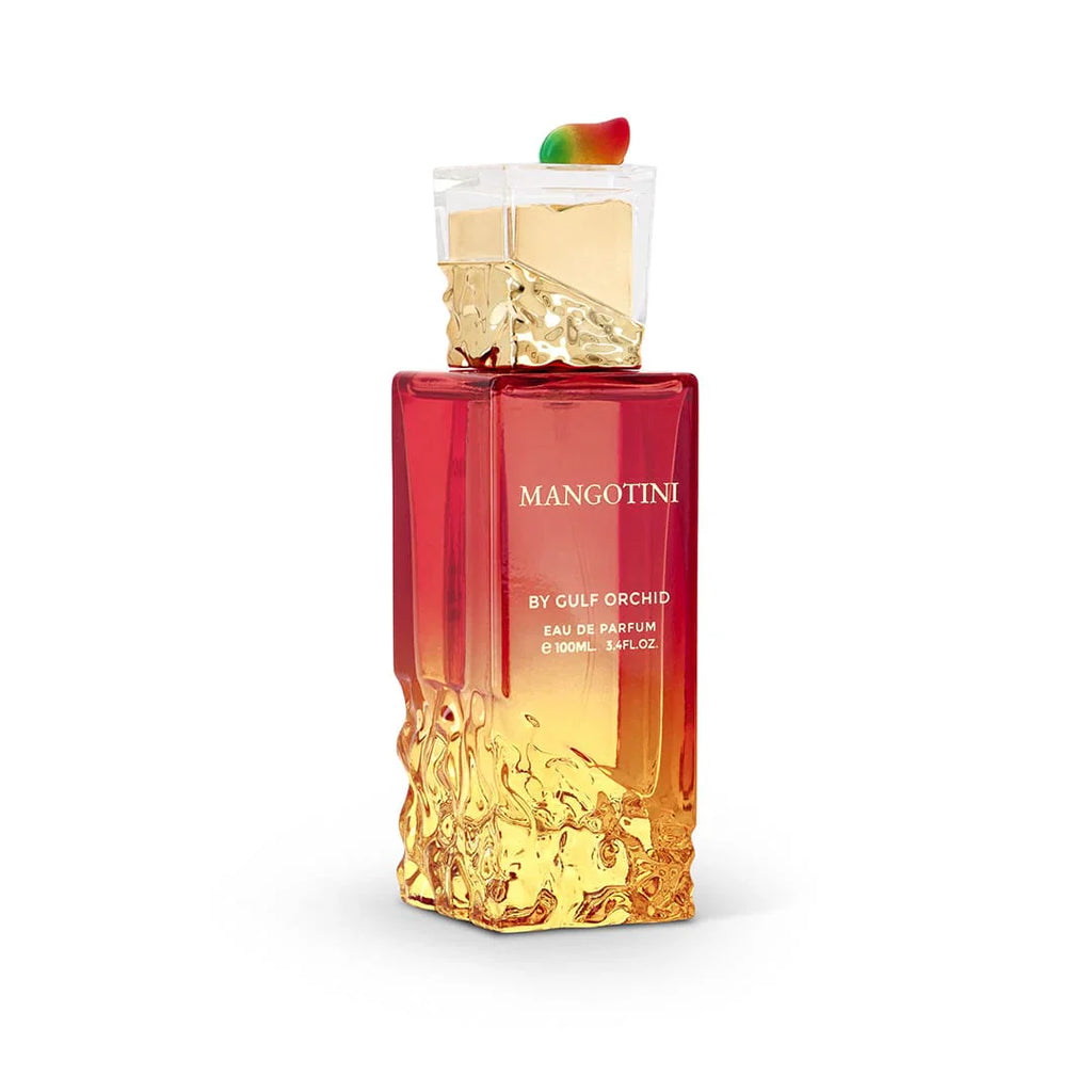 Mangotini Gulf Orchid 100ml EDP perfume bottle with a vibrant red-to-gold gradient design and a gummy candy on the cap, ideal for women.