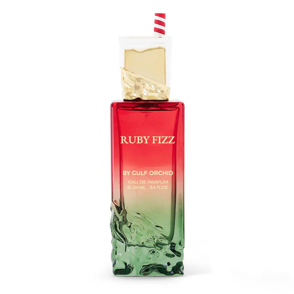 Ruby Fizz by Gulf Orchid 100ml EDP perfume bottle with a red-to-green gradient design and a straw-like cap, ideal for summer and fruity scent lovers.