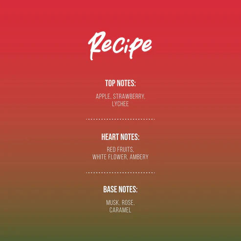 Fragrance notes of Ruby Fizz by Gulf Orchid 100ml EDP featuring apple, strawberry, lychee, red fruits, white flower, musk, rose, and caramel.