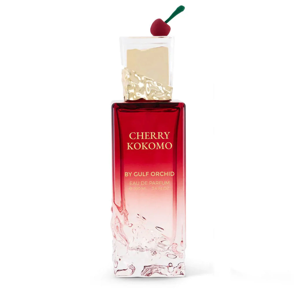 Cherry Kokomo by Gulf Orchid 100ml EDP perfume bottle with cherry-themed cap and red gradient glass design, ideal for women seeking a fruity, sweet scent.