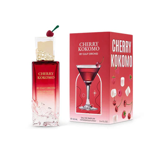 Cherry Kokomo by Gulf Orchid 100ml EDP with product box featuring cocktail and cherry graphics, highlighting its fruity, gourmand scent profile for women.