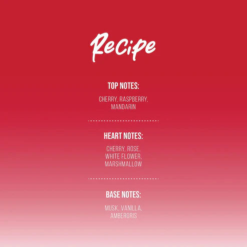 Fragrance notes for Cherry Kokomo by Gulf Orchid 100ml EDP showing top notes of cherry, raspberry, mandarin; heart notes of rose, white flower, marshmallow; base notes of musk, vanilla, ambergris.